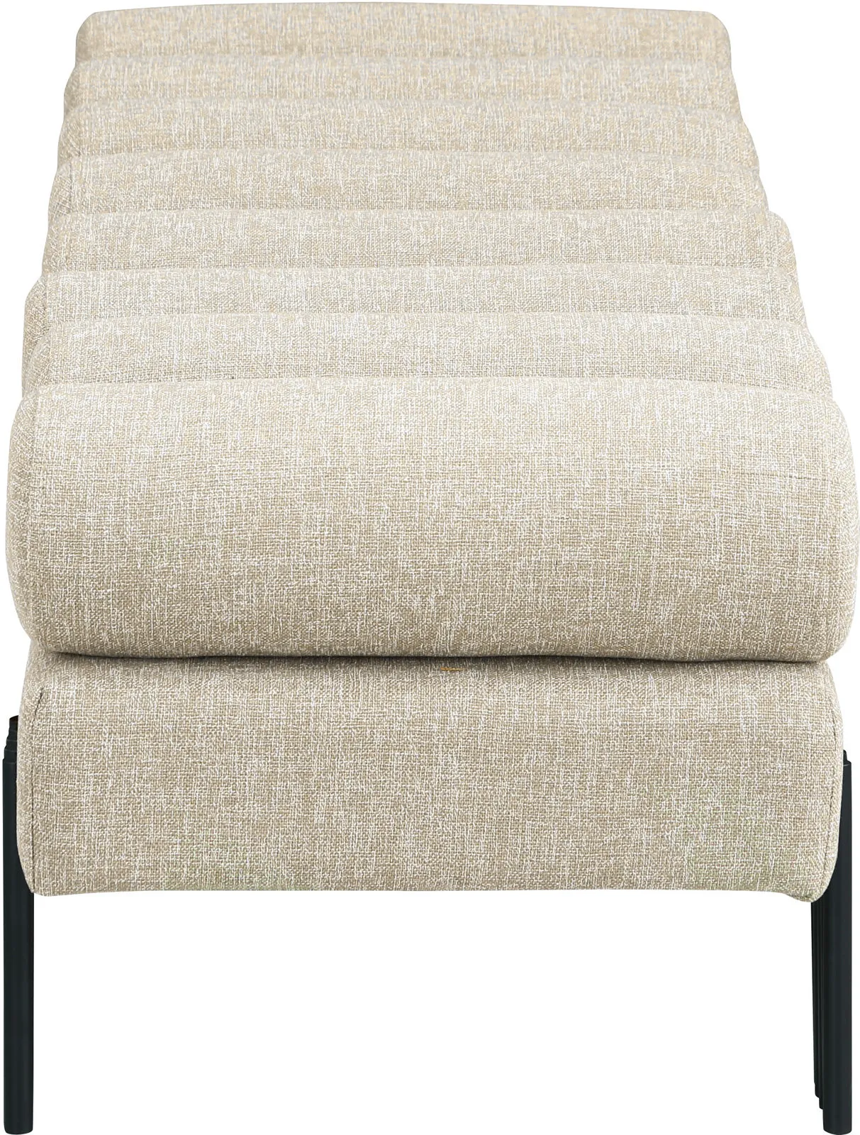 Akeela Stylish Upholstered Fabric Bench with Rolled Cushion Top and Modern Black Metal Legs