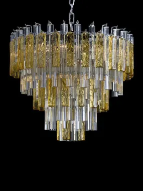 Elegant Large Mid-Century Chandelier With Clear And Amber Murano Glass Prisms