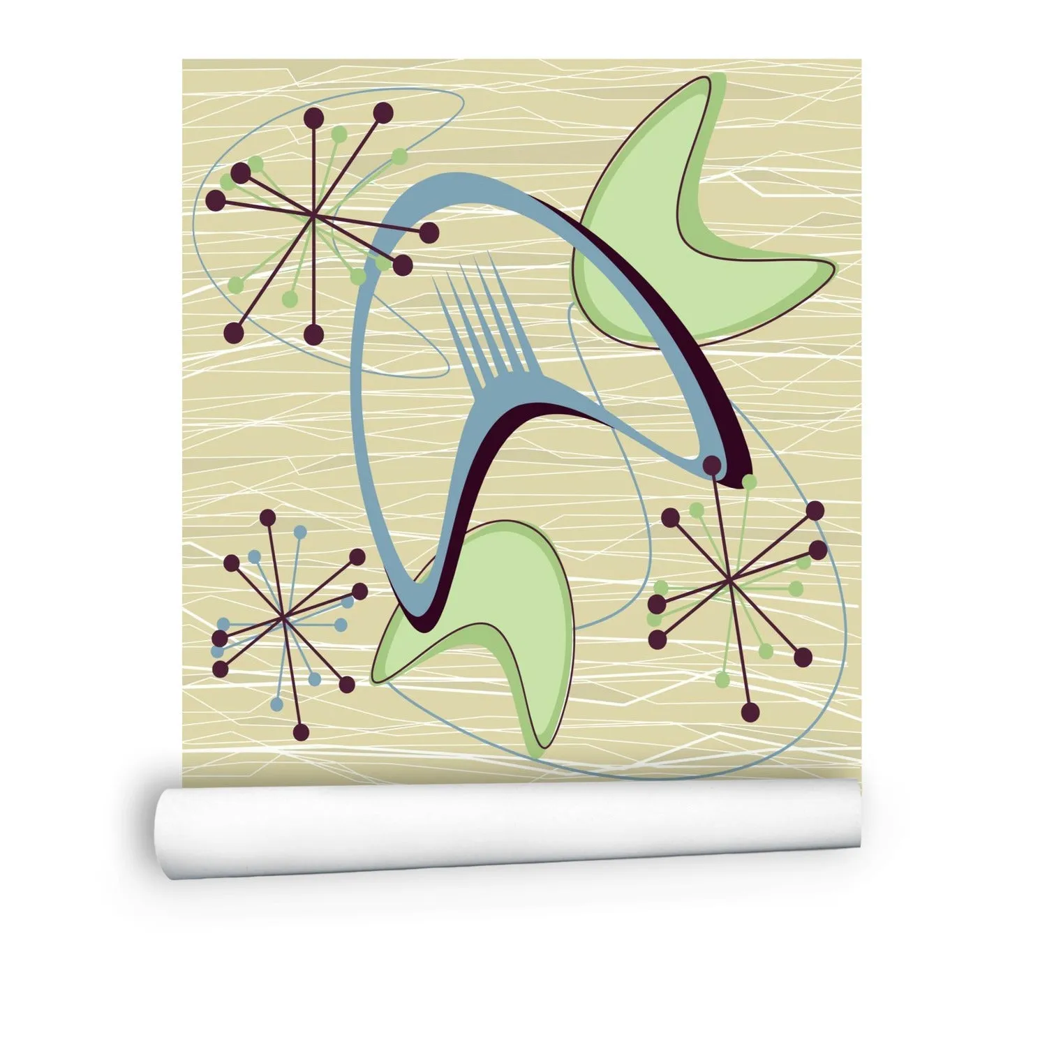 Mid Century Modern Boomerang Wall Mural, Retro Atomic Starburst Peel and Stick Wallpaper, Green Blue Beige 50s Decor