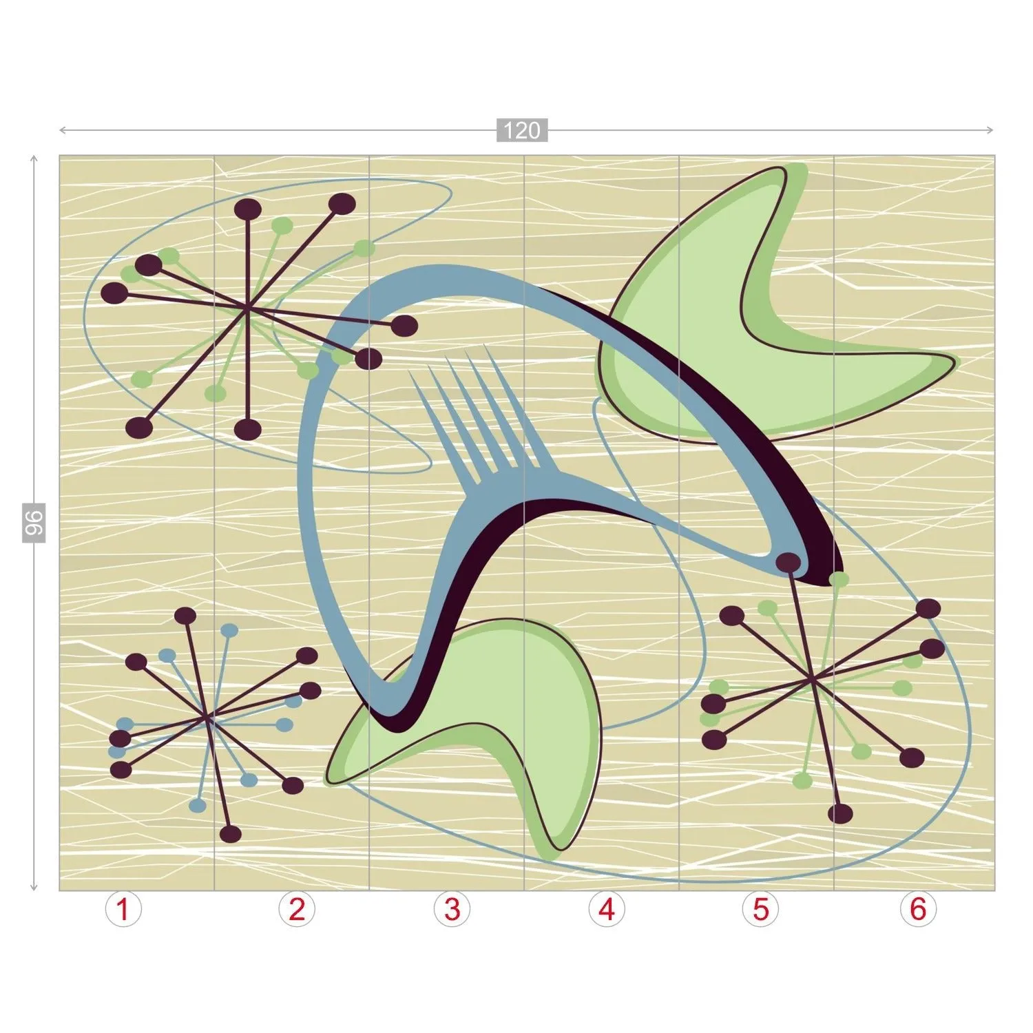Mid Century Modern Boomerang Wall Mural, Retro Atomic Starburst Peel and Stick Wallpaper, Green Blue Beige 50s Decor