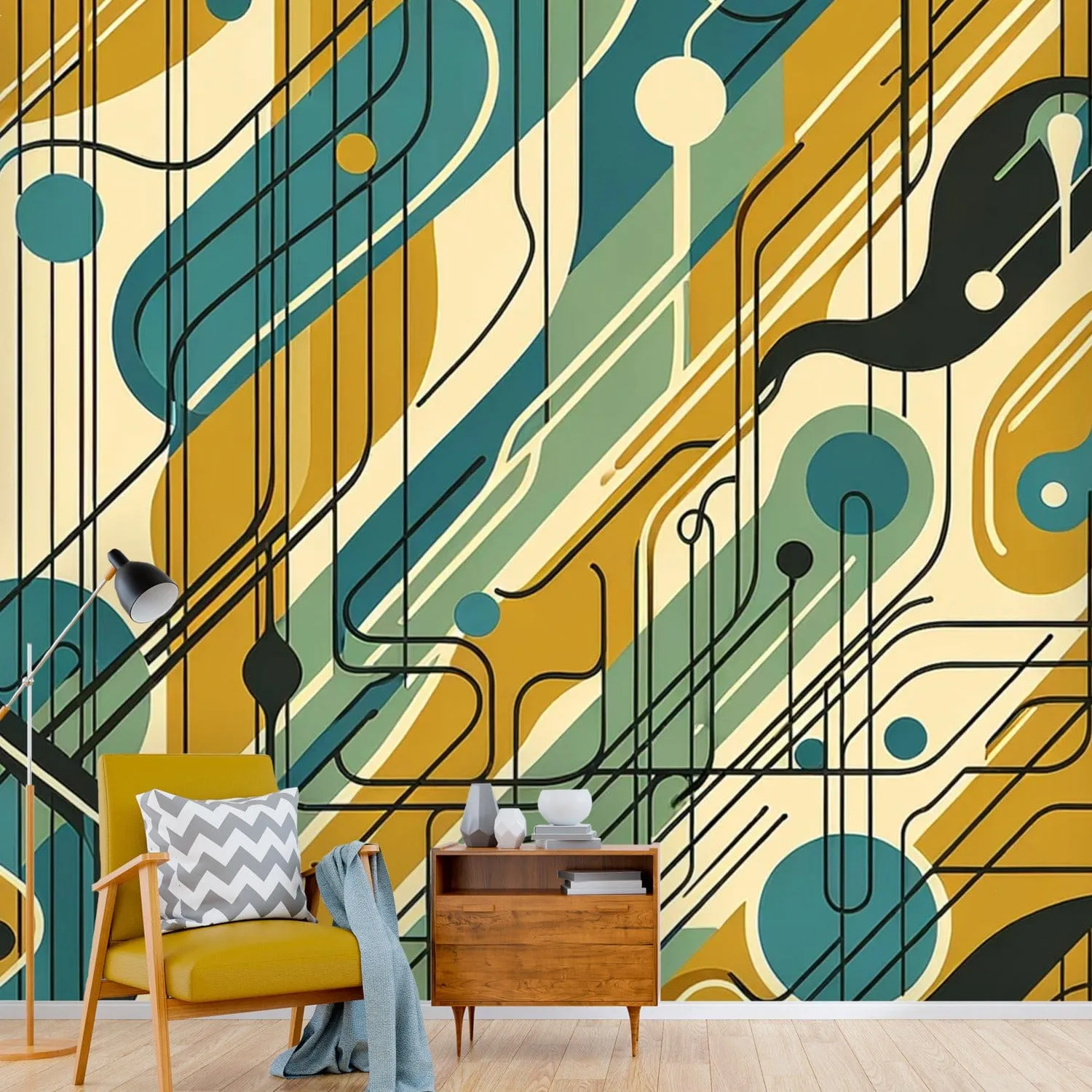 Mid Century Wallpaper, 60's Design, Green, Teal, Black, Abstract Peel And Stick Wall Murals